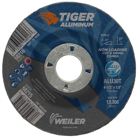 Weiler 4-1/2 in Dia, 1/8 in Thick, 7/8 in Arbor Hole Size, Aluminum Oxide, 30 Grit 58215
